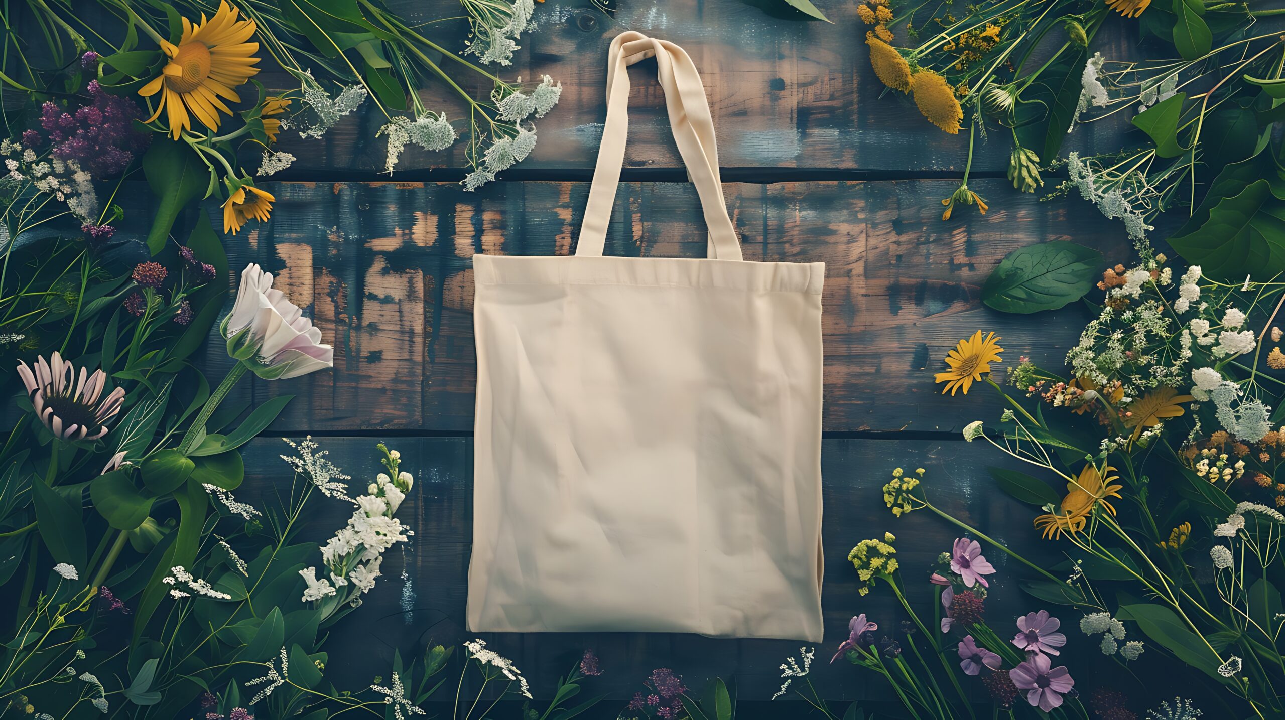 serene natural scene with blank canvas tote bag on rustic wood table surrounded by wildflowers
